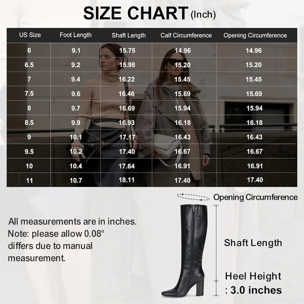 Women's Black Chunky Blocked Heel Squared Toe Long Boot Inside Zipper Tall Boots